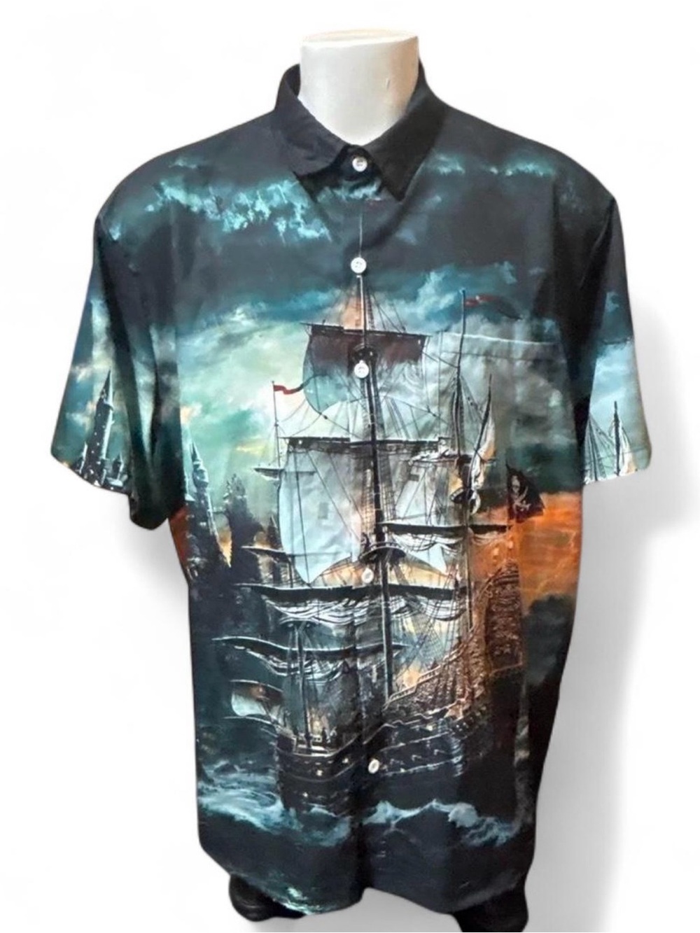 Men's Black & Teal Ship-Print Short-Sleeve Button-Down Shirt big and tall beach